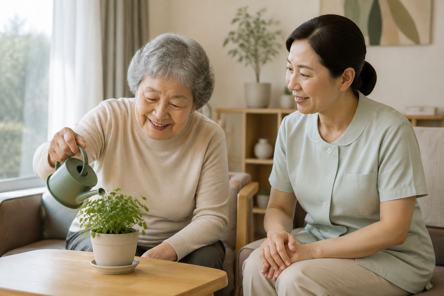 화분에 물을 주는 어르신과 요양보호사 (AI 생성 이미지)